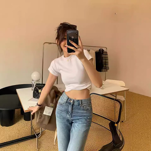 Women's fitted T-shirt summer short-sleeved round neck right shoulder with elastic tight solid color T-shirt solid color simple