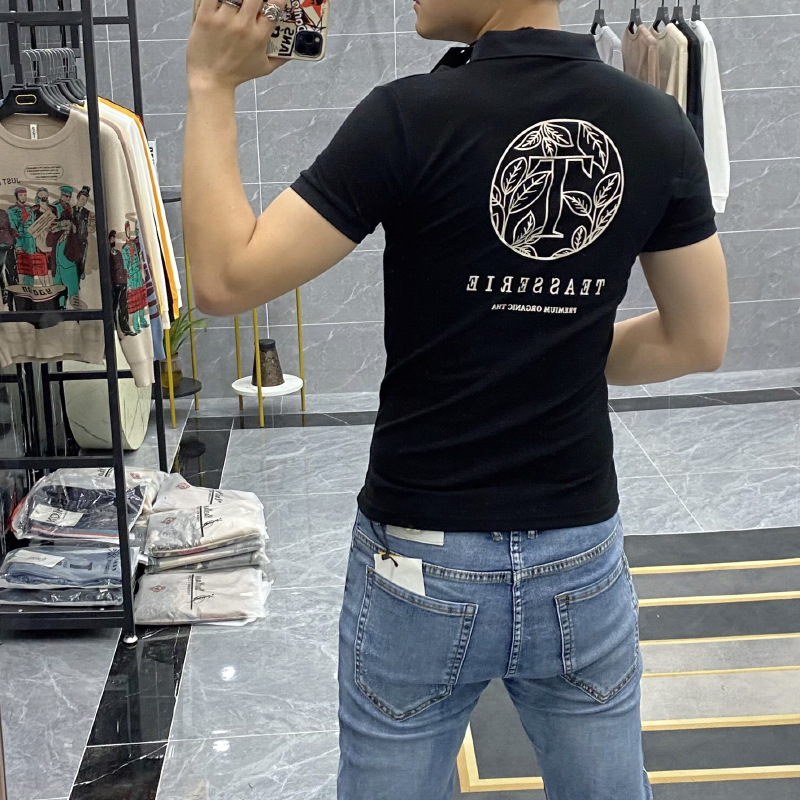 European Station Polo Shirt Men's Short-sleeved Trendy Youth Casual mercerized Cotton Lapel T-shirt European Goods Ice Silk Men's Half-sleeved Top