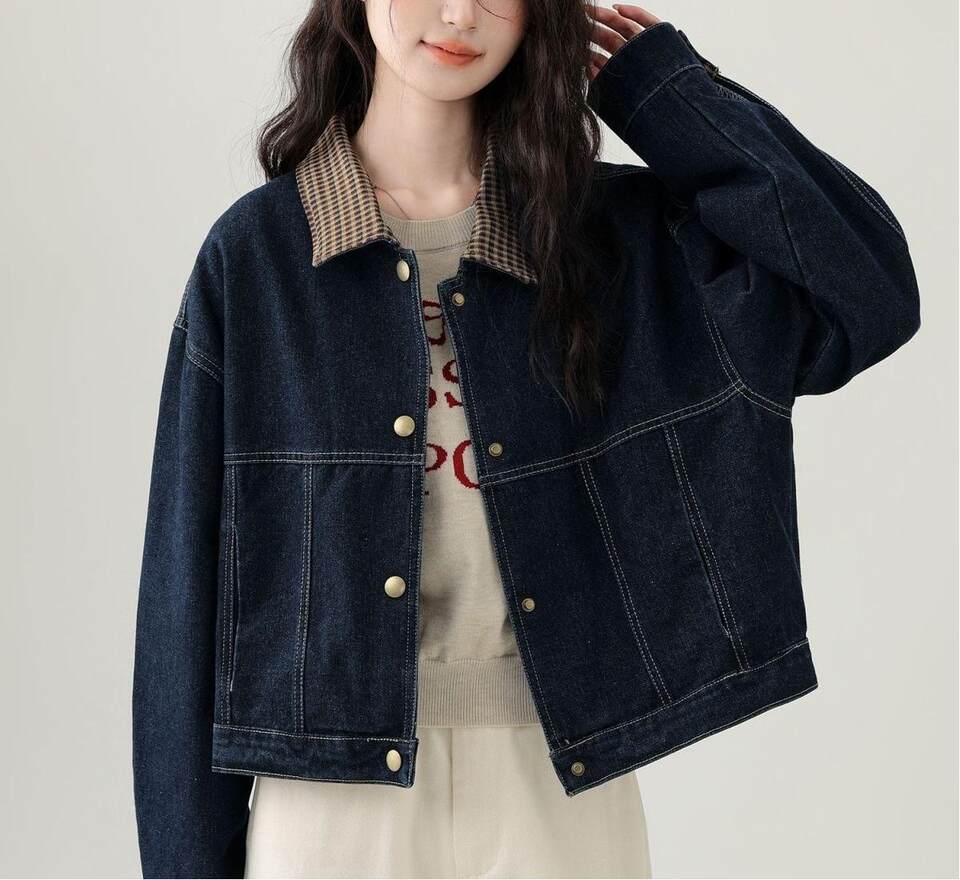 Áo khoác denim nữ ngắn phối caro cổ ve áo tay dài — màu xanh (chất lượng cao) chi tiết 3