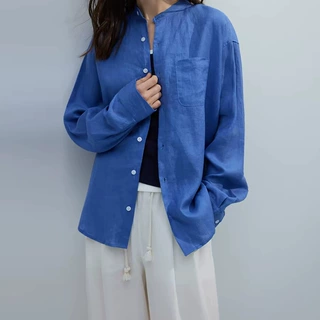 2026春夏立领亚麻蓝色衬衫女夏季宽松显瘦防晒外穿休闲长袖衬衣