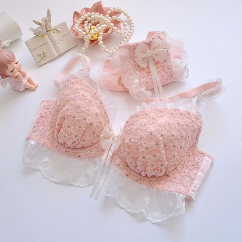 Long-term Japanese two-color embroidery thin cup student girl cute flying edge push-up sexy underwear bra set