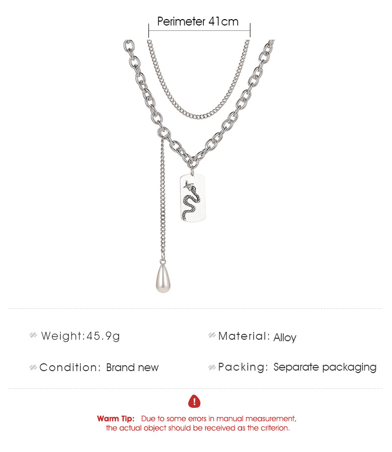 Fashion Double-Layer Water Drop Pearl Snakes Square Pendant Clavicle Chain Necklace