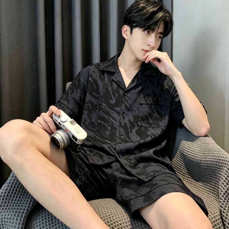 Men's Black Dark-Patterned Ice Silk Pajamas, Summer Short-Sleeved Shorts Set, Lapel Cardigan, Light Luxury, Cool-Feeling Home Wear Men's Black Dark-Patterned Ice Silk Pajamas, Summer Short-Sleeved Shorts Set, Lapel Cardigan, Light Luxury, Cool-Feeling Home Wear