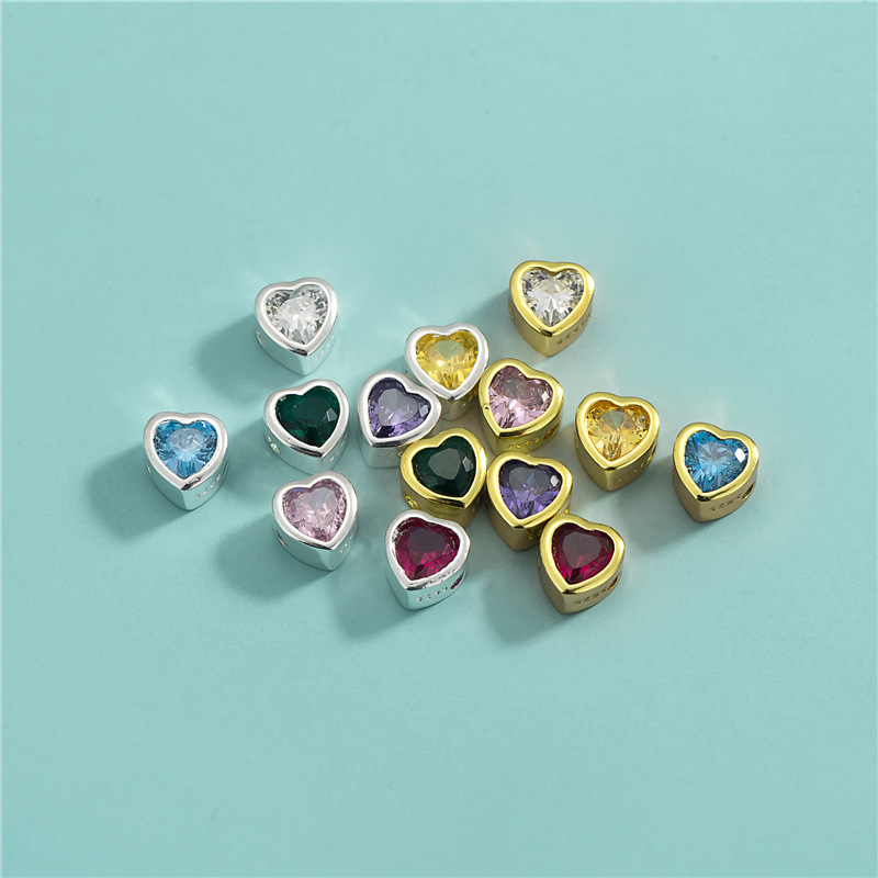 单钻爱心隔珠S925纯银镶钻锆石心形串珠DIY水晶珍珠手链项链配件