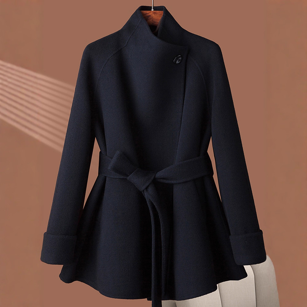 Dark Blue Double-Sided Cashmere Coat for Women, Mid-Length, 2026 New Autumn and Winter Style, Stand Collar, Tie Waist, Woolen Coat