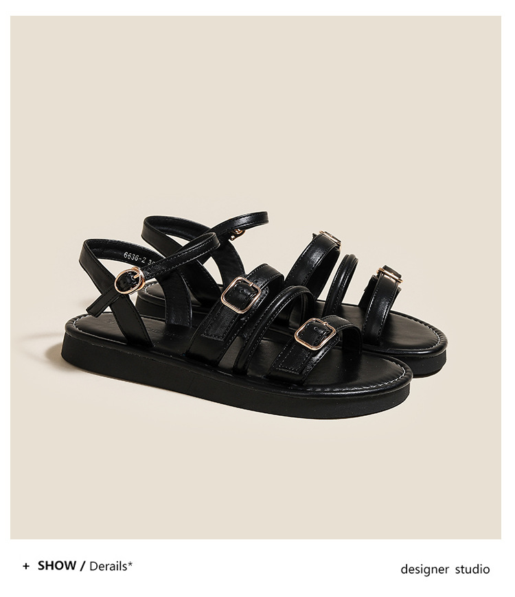 Women's Roman Style Flat Sandals Single Strap with Buckle Fashionable Soft Sole Thin Strap Summer Beach Sandals_vogvips.com