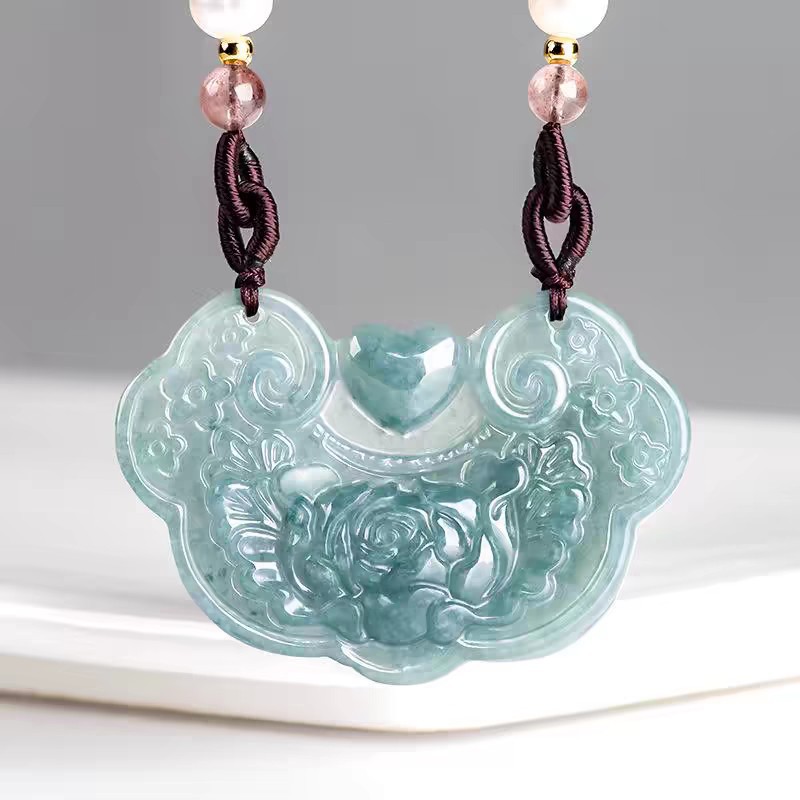 A등급 제다이트 펜던트, 길조의 자물쇠 펜던트, 푸른 물꽃, 풍부하고 길조로운 구름 자물쇠 천연 제다이트 펜던트