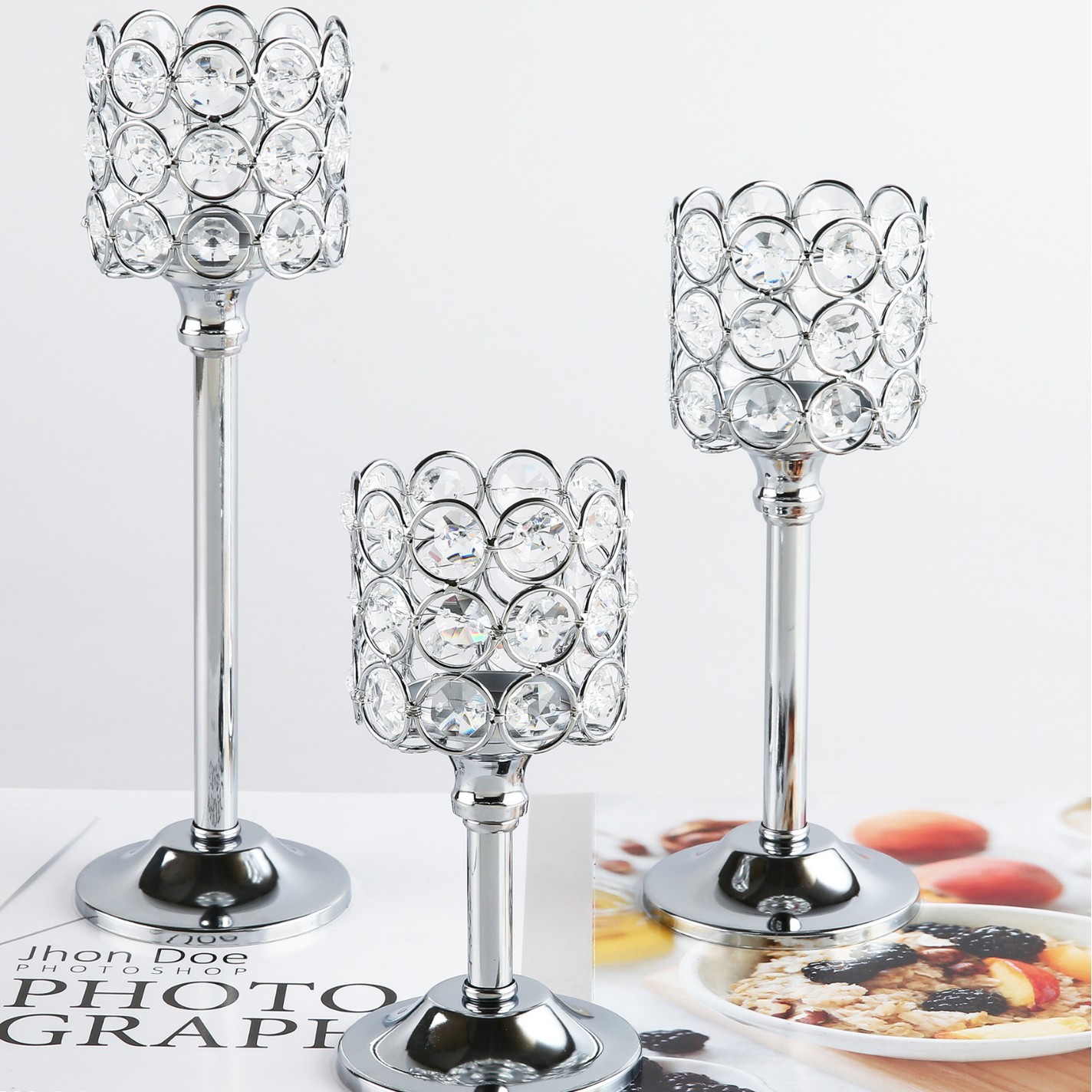 Transfronterizo amazónica cristal candelabro taza de vela europea hierro forjado metal ornamentos artesanía decoración de bodas