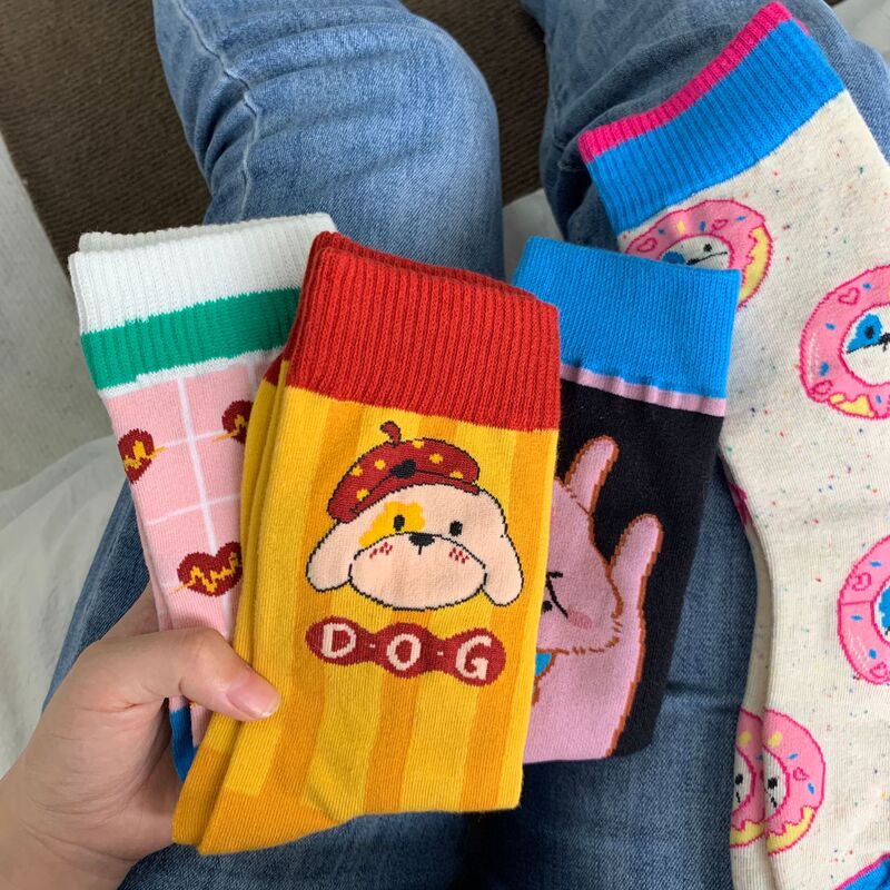 Socks for Women Sweat-absorbent Original Design Ins Trendy Cartoon Japanese Style Cute All-match Outer Wear College Style Pure Cotton Mid-tube Socks