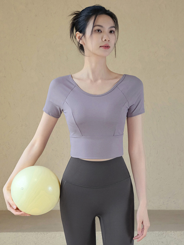 美背瑜伽服上衣女夏季高级感健身衣普拉提运动套装新款短袖带胸垫|undefined