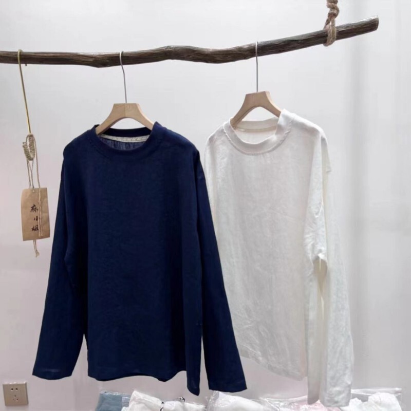 Japanese-Style Hemp Long-Sleeve T-Shirt for Women, Autumn New Loose Casual Simple Versatile Niche Inner and Outerwear Top for Women Japanese-Style Hemp Long-Sleeve T-Shirt for Women, Autumn New Loose Casual Simple Versatile Niche Inner and Outerwear Top for Women