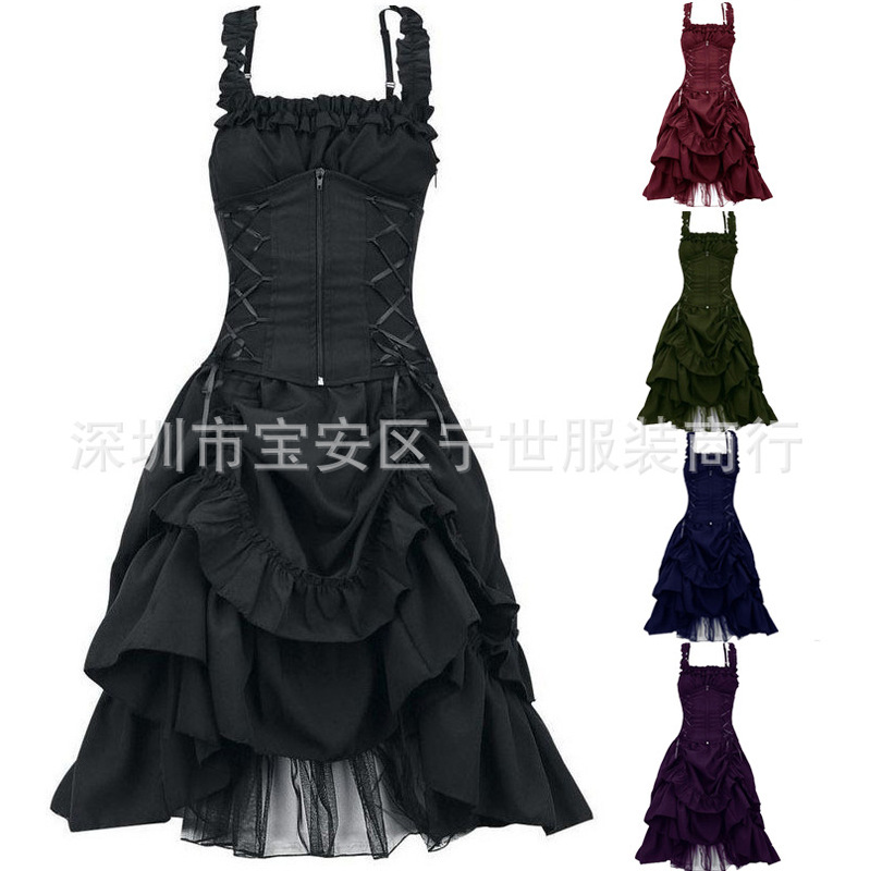 European and American Lolita cos Gothic Prom Dress Slim-Fit Irregular Tie Waist Lace Dress European and American Lolita cos Gothic Prom Dress Slim-Fit Irregular Tie Waist Lace Dress