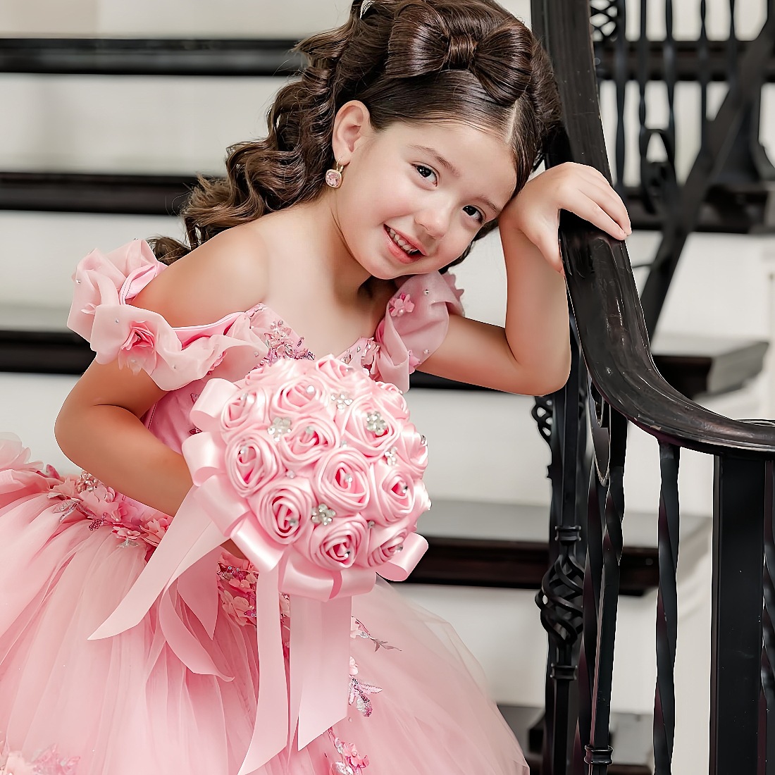 Nuevo vestido de princesa floral chica vestido de cola largo vestido de noche rosa con hombro de alto grado