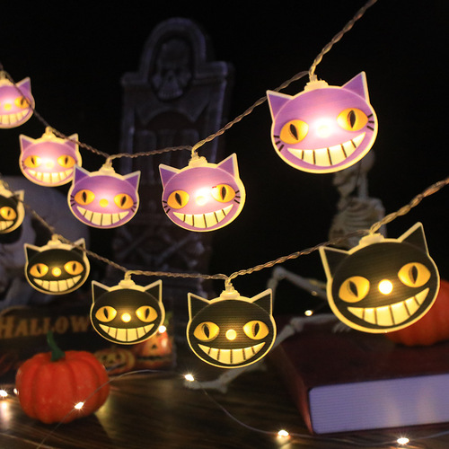 跨境LED万圣节鬼节复活节装饰彩灯舞会氛围灯猫咪紫猫黑猫灯串