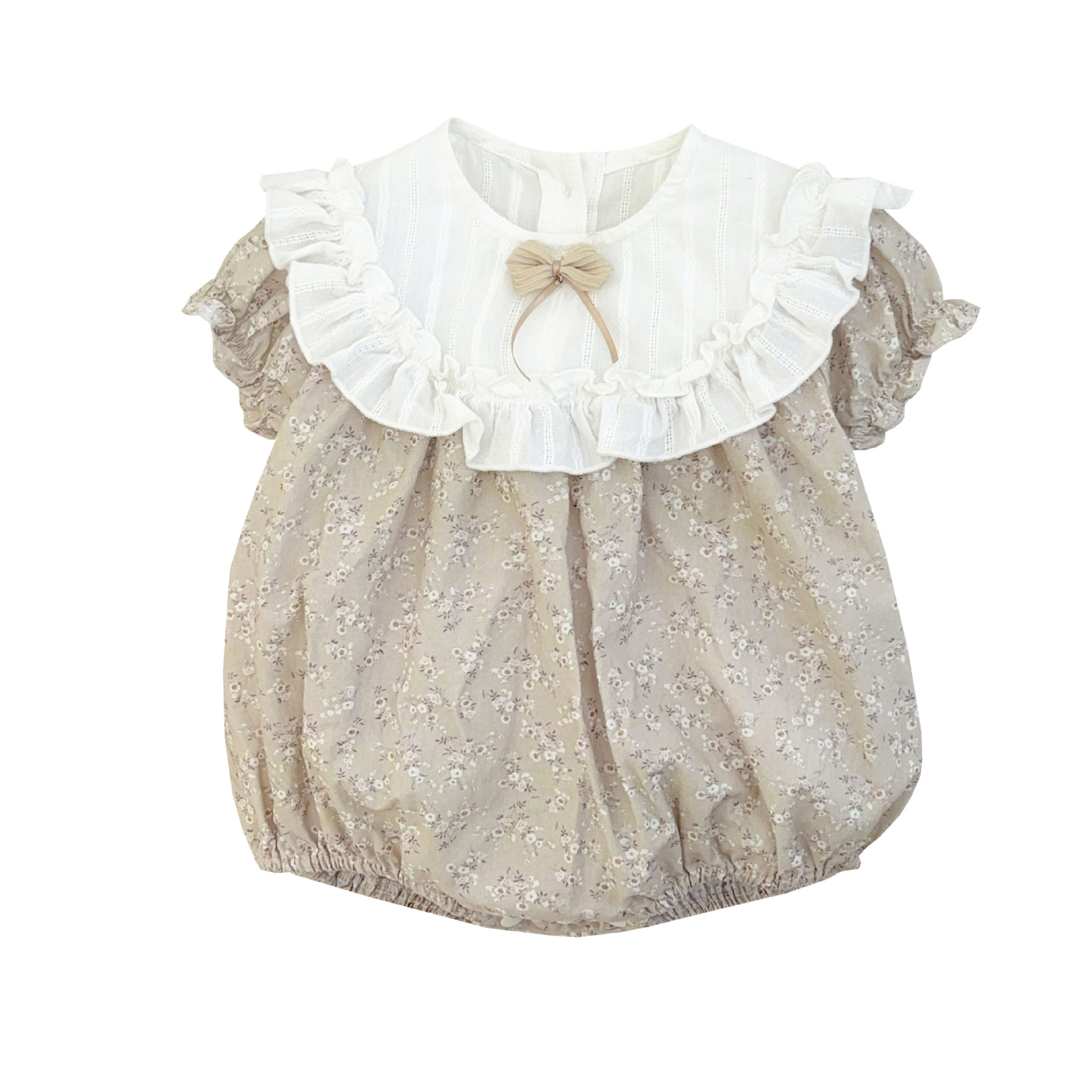 Verano para bebés nuevo estilo mampara de manga corta con costuras florales, ropa de salida para bebés y niños pequeños, ropa de pedo para bebés lindos