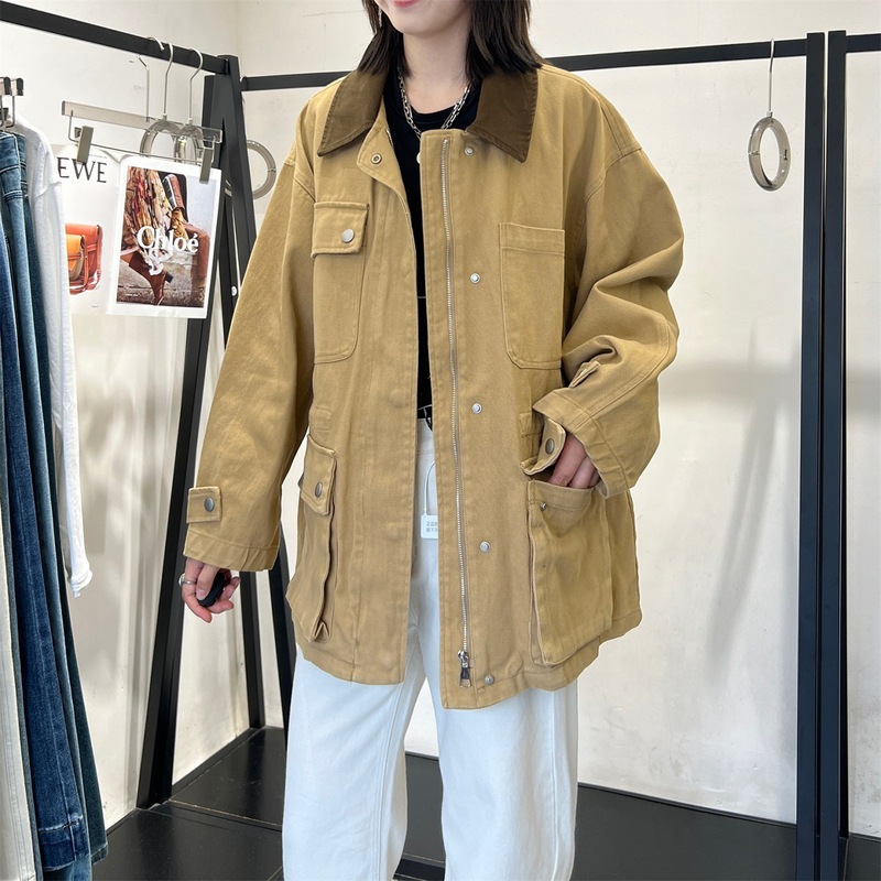 暖九夏美式复古巴恩风工装外套大口袋拼皮翻领宽松开衫夹克女2025|undefined