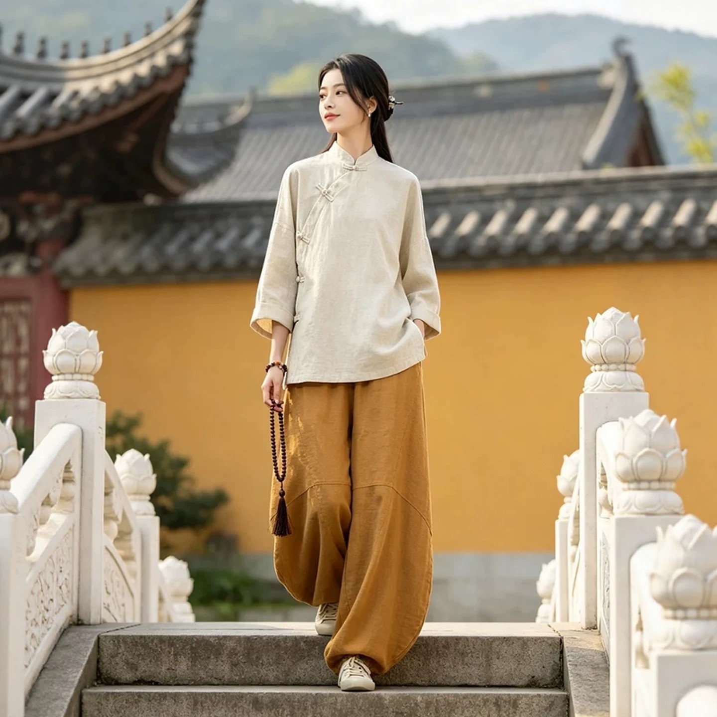 High-end Zen clothing for women, temple meditation attire for lay practitioners, women's Zen-style Buddhist cotton-linen Chinese-style top with diagonal lapel and button closure