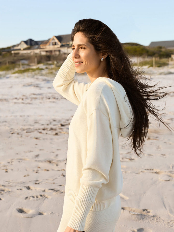 Bộ áo cardigan dệt kim có mũ khóa kéo dáng rộng kèm quần ống ôm cotton — Màu cà phê, Màu trắng, Màu xanh dương, Xanh lá cây chi tiết 36