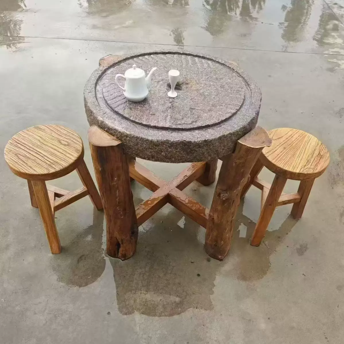 老榆木实木磨盘桌仿古做旧石磨盘桌椅组合酒吧凳圆凳磨盘石茶桌