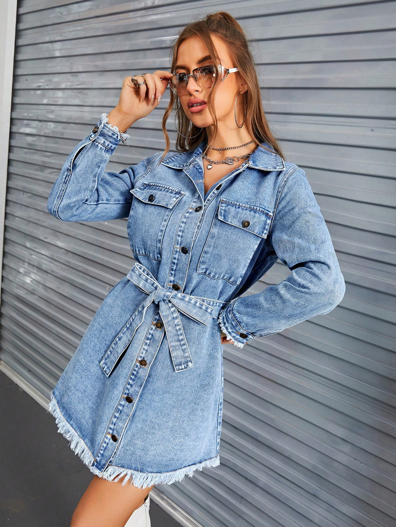 ​​Vintage Denim Dress – Long Sleeve Button-Down Shirt Dress – Relaxed Fit With Pockets – Light Blue (XS/S/M/L)​​_ecoleips.com