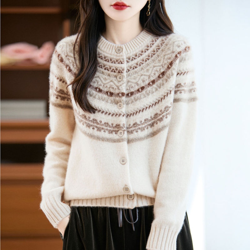 Autumn and Winter 100 Pure Wool Cardigan Women's Thickeneded Round Neck Sweater Jacket Loose Korean Style Fair Isle Knitted Top Trendy