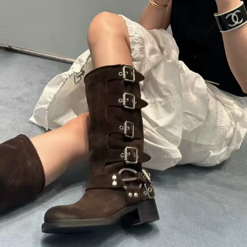 手工真皮miu家粗跟不过膝高筒骑士靴女西部复古朋克风棕色机车靴