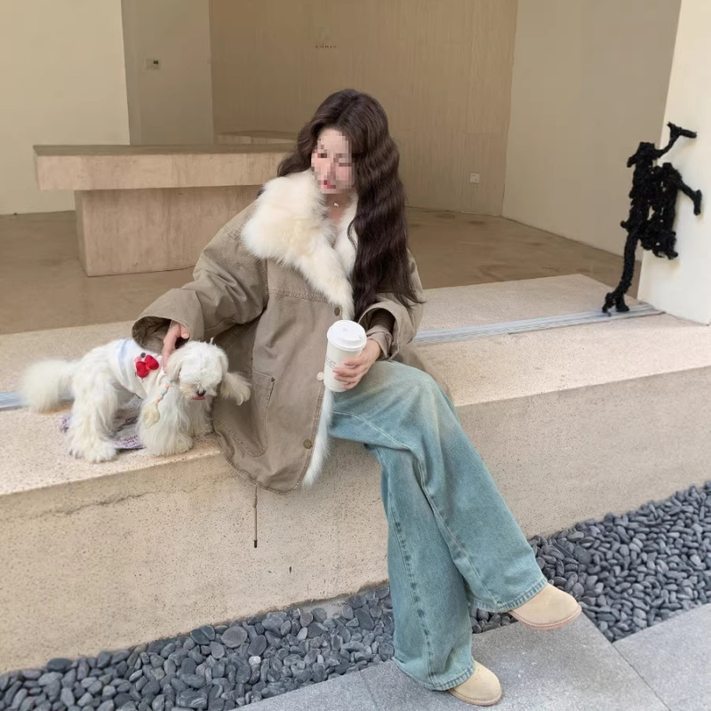 Korean Style Large Fur Collar Workwear Parka down Jacket for Women, Winter 2025 New Model, Mid-Length, Thickened, with White Duck down Lining