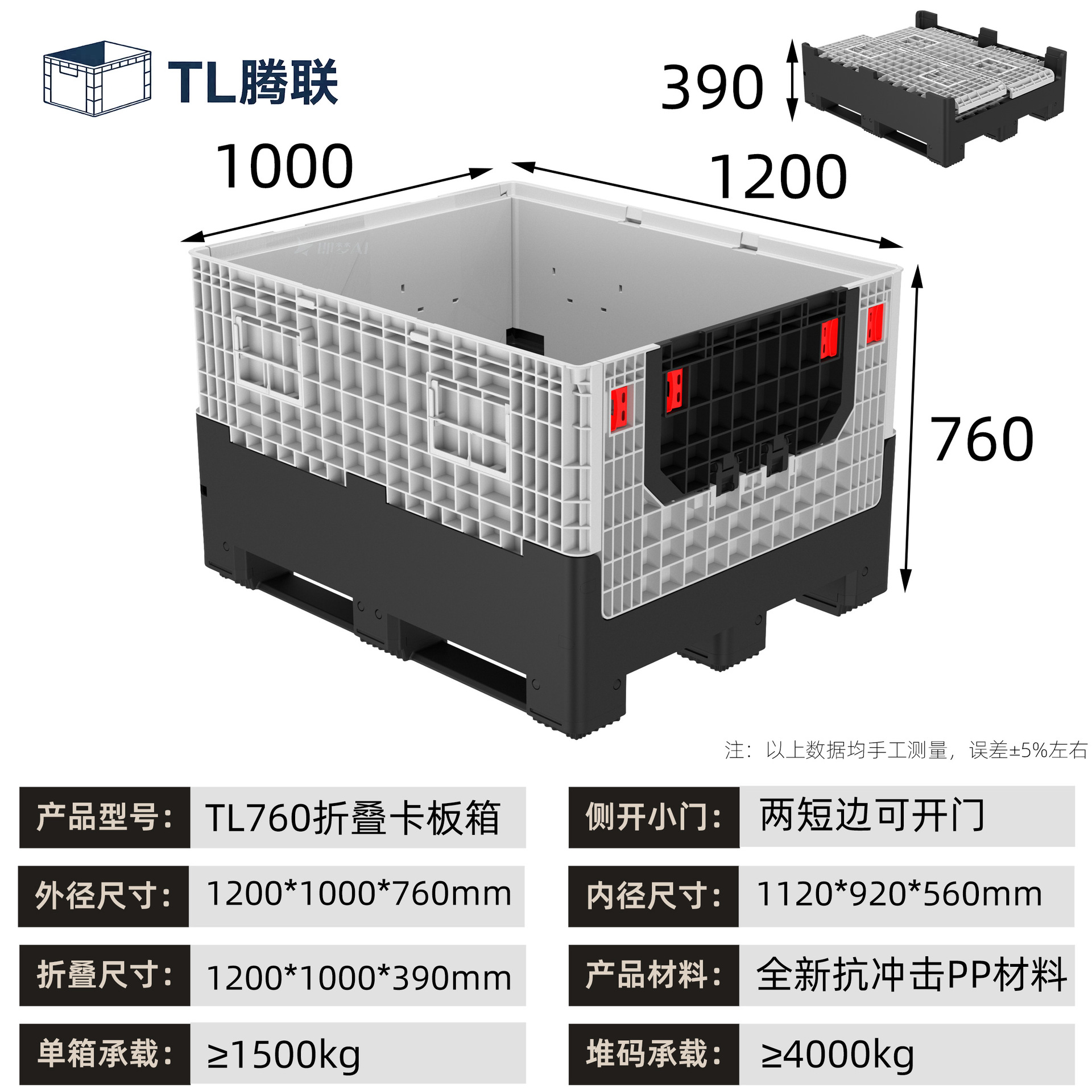 Gran caja de rotación de plástico de carretilla elevadora, caja de cartón de puerta lateral abierta, caja de cartón plegable de logística de transporte industrial de automóviles