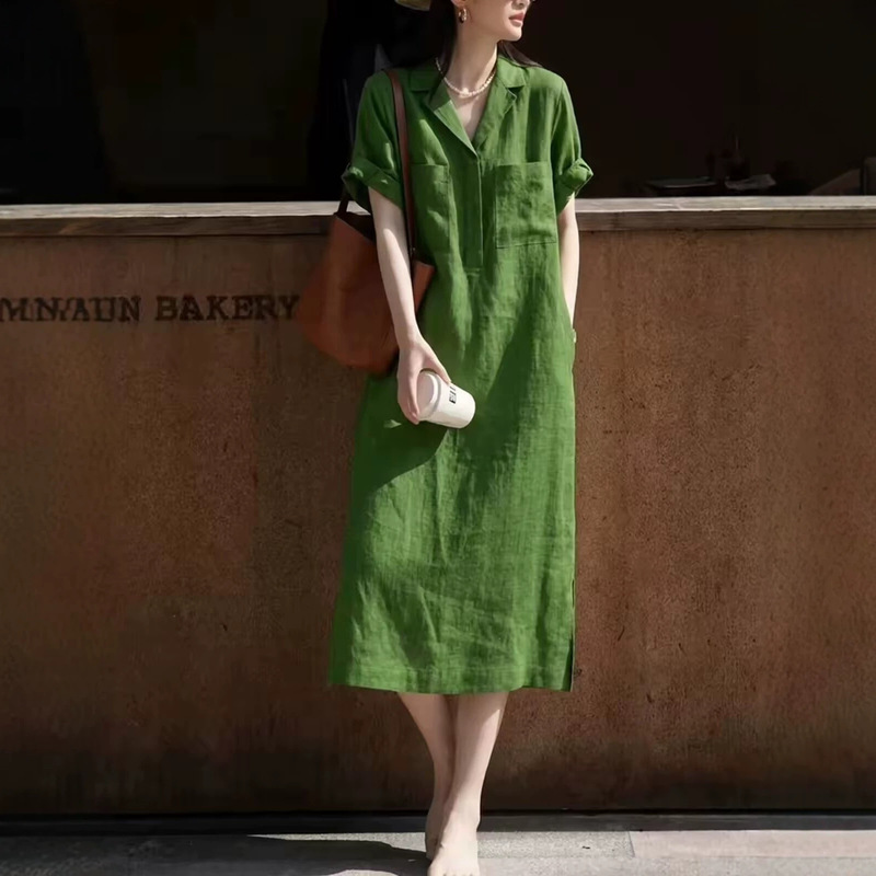 Simple and elegant green linen shirt dress for women, 2026 summer new long dress