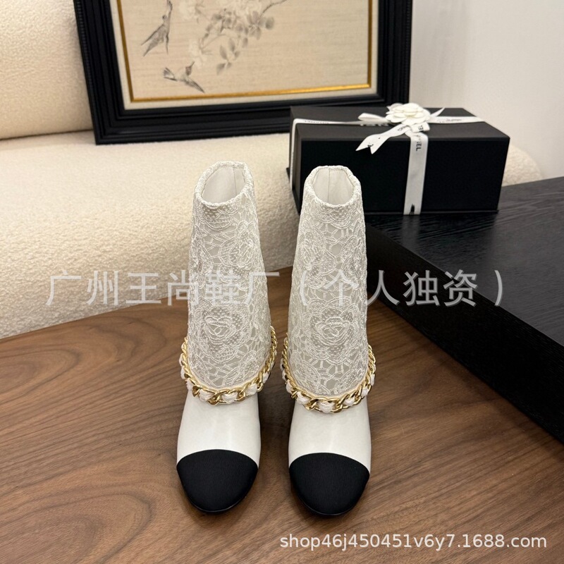 高版25秋冬新款真皮粗跟中筒裤管靴小香风时尚金属链条高跟中筒靴|undefined