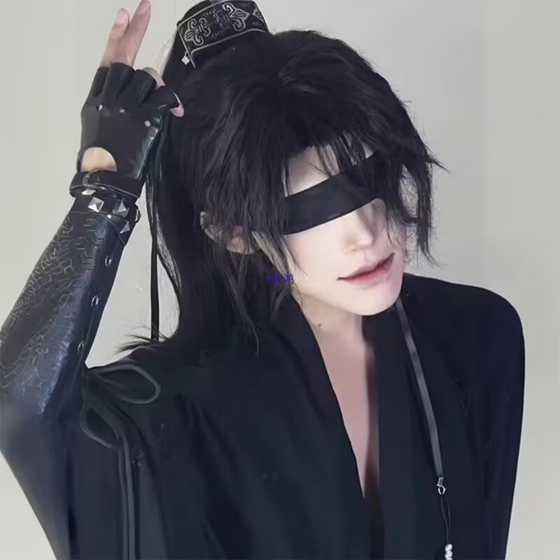 Ancient Style Hanfu Wig for Men with Long Hair, Chinese Style High Ponytail, New Chinese Style Black Blind Fairy Style Full Headgear