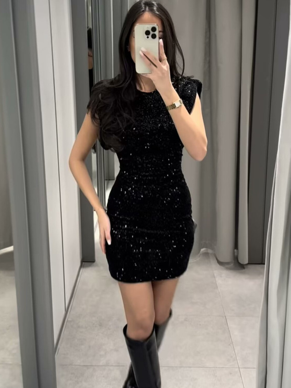2024 Cross-Border Women's Clothing Wholesale Sequined Dress Sleeveless Party Dress with Shoulder Pads Mini Dress Y2K 2024 Cross-Border Women's Clothing Wholesale Sequined Dress Sleeveless Party Dress with Shoulder Pads Mini Dress Y2K