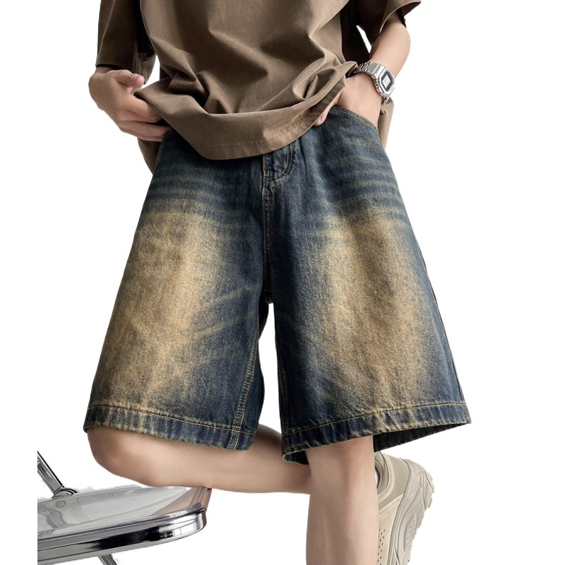 Pantalones cortos de mezclilla rasgados de estilo fino de verano pantalones sueltos retro vibe americanos para hombre