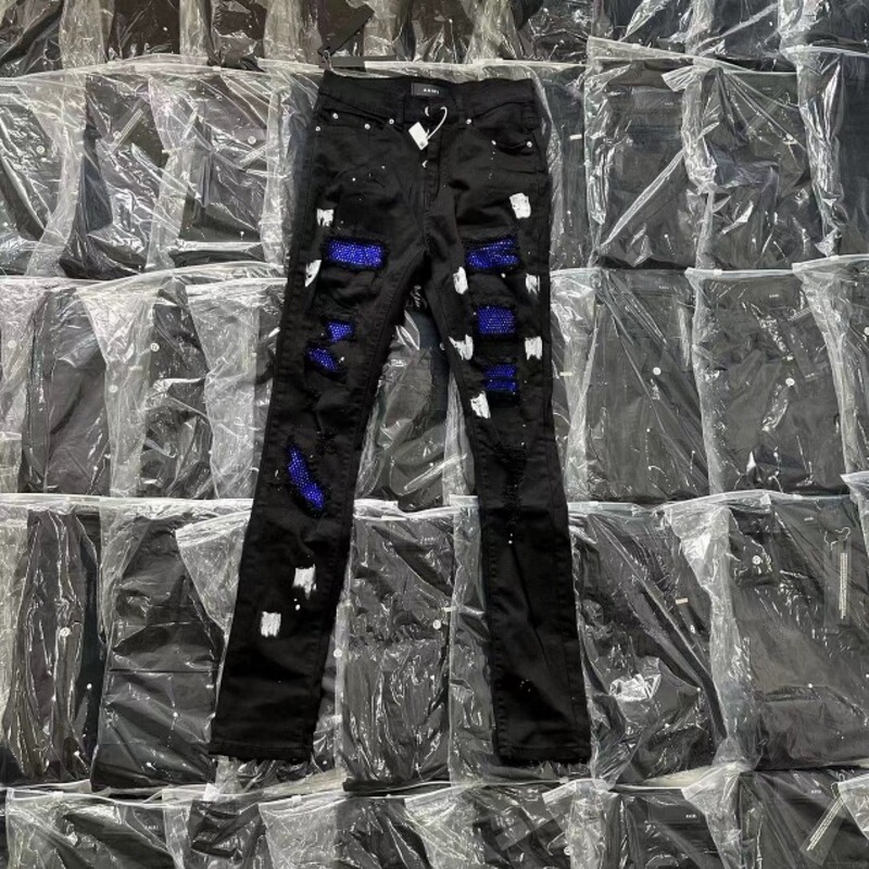 Independent AM Black Hot Drilling Ripped Jeans High Street Black Basic Ripped Skinny Stretch Jeans Trousers