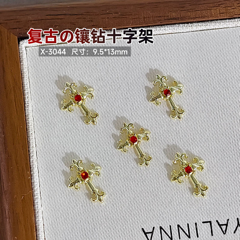 跨境热销轻奢立体款暗黑克罗心合金朋克钻立体镶钻十字架美甲饰品|undefined