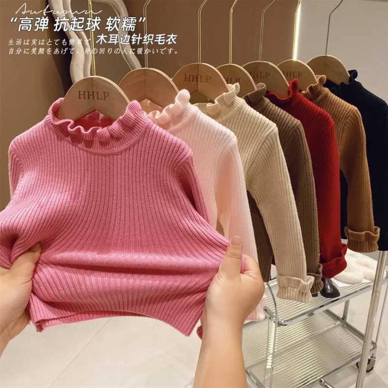 Spring, autumn and winter new girls sweater foreign style high collar solid color base shirt children's wooden ear collar sweater wholesale Spring, autumn and winter new girls sweater foreign style high collar solid color base shirt children's wooden ear collar sweater wholesale