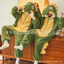 秋冬季速卖通恐龙可爱加厚卡通动物鳄鱼连体睡衣珊瑚绒男女家居服