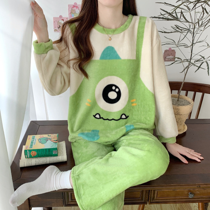 Pijamas de mujeres otoño invierno de franela lindo dibujo animado 2023 nuevo coral de lana gruesa falda cálida ropa para el hogar