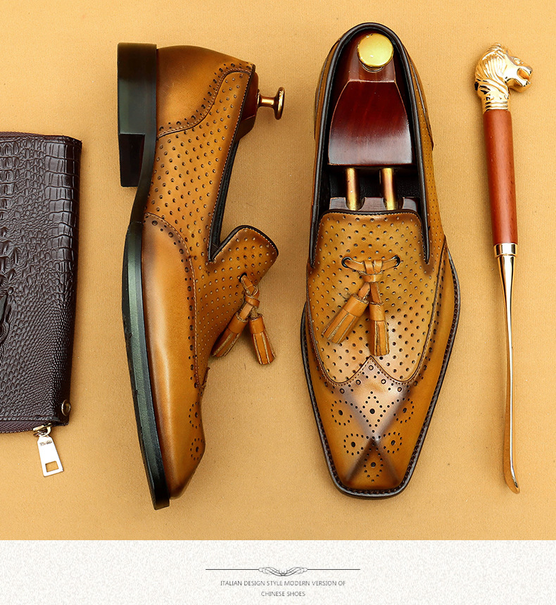 Casual summer leather shoes men's hollow breathable leather business dress shoes_vogvips.com
