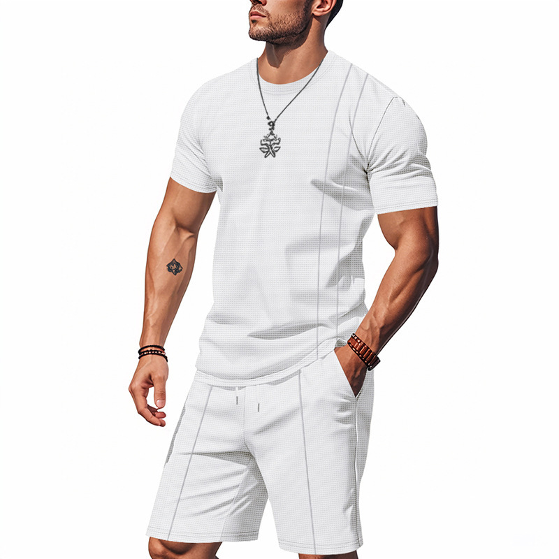 Men's Clothing Summer Men's Loose Waffle Two Piece Suit Round Neck Short Sleeved Shorts Set Simple Style For Formal & Casual_viptrois.com