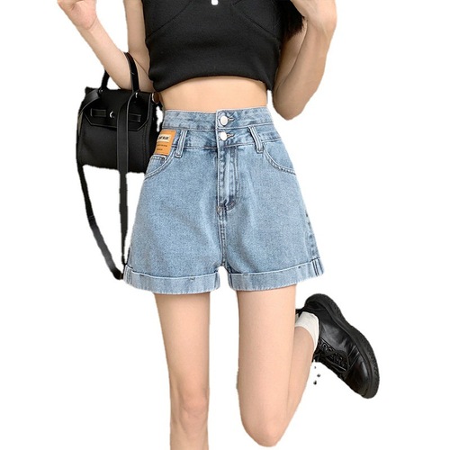 Women's Summer High-Waisted Loose-Fitting Slimming Wide-Leg A-Line Frayed Denim Shorts with Sense of Style