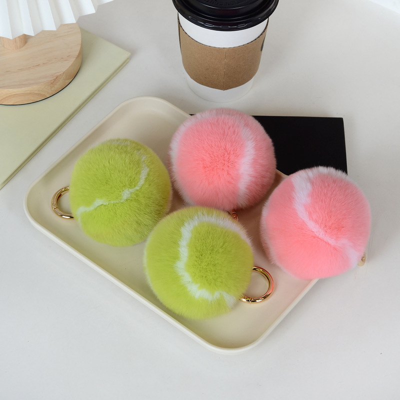 Wholesale cute little tennis imitation rex rabbit fur jewelry car key chain pendant fluffy ball school bag hanging gift