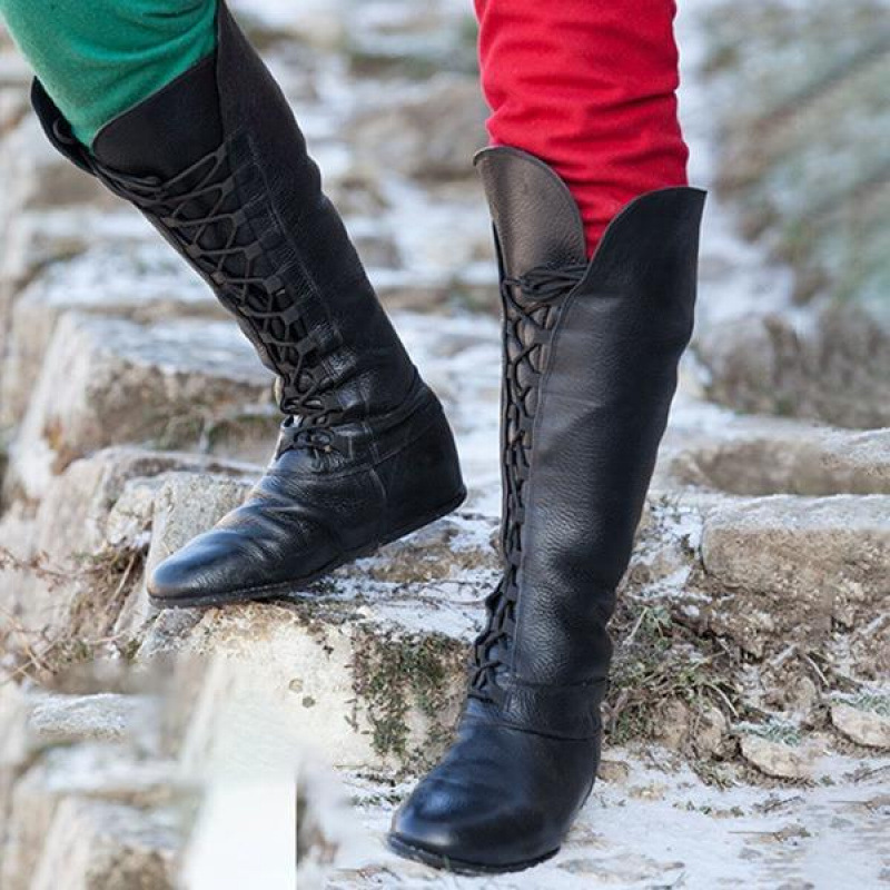 2018 Autumn and Winter New Foreign Trade Model European and American Style Pu Round-Toe Front Lace-Up Flat-Soled Women's Large Size Long Boots 2018 Autumn and Winter New Foreign Trade Model European and American Style Pu Round-Toe Front Lace-Up Flat-Soled Women's Large Size Long Boots