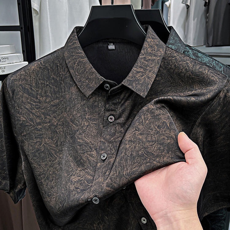 2026 Spring and Autumn New Short-Sleeve Oil Leather Vintage Imitation Xiangyun Silk Imitation Mulberry Silk Floral Shirt for Men