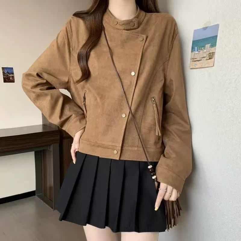 复古麂皮绒斜扣夹克上衣女秋2025新款小个子高级感休闲机车短外套|undefined