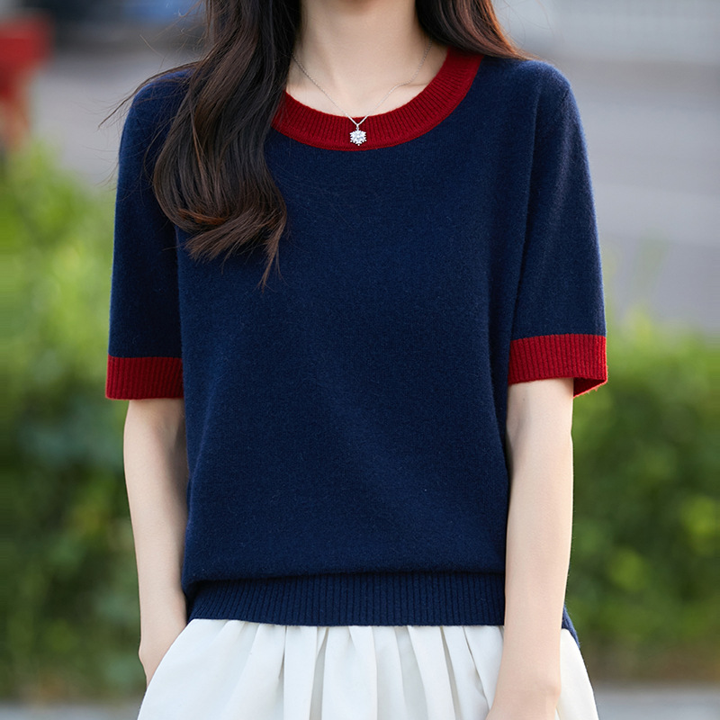 French High-End Contrasting Color 100 Pure Wool Knitted Short-Sleeved Women's 2025 New Warm Base Color Matching Half-Sleeved Sweater