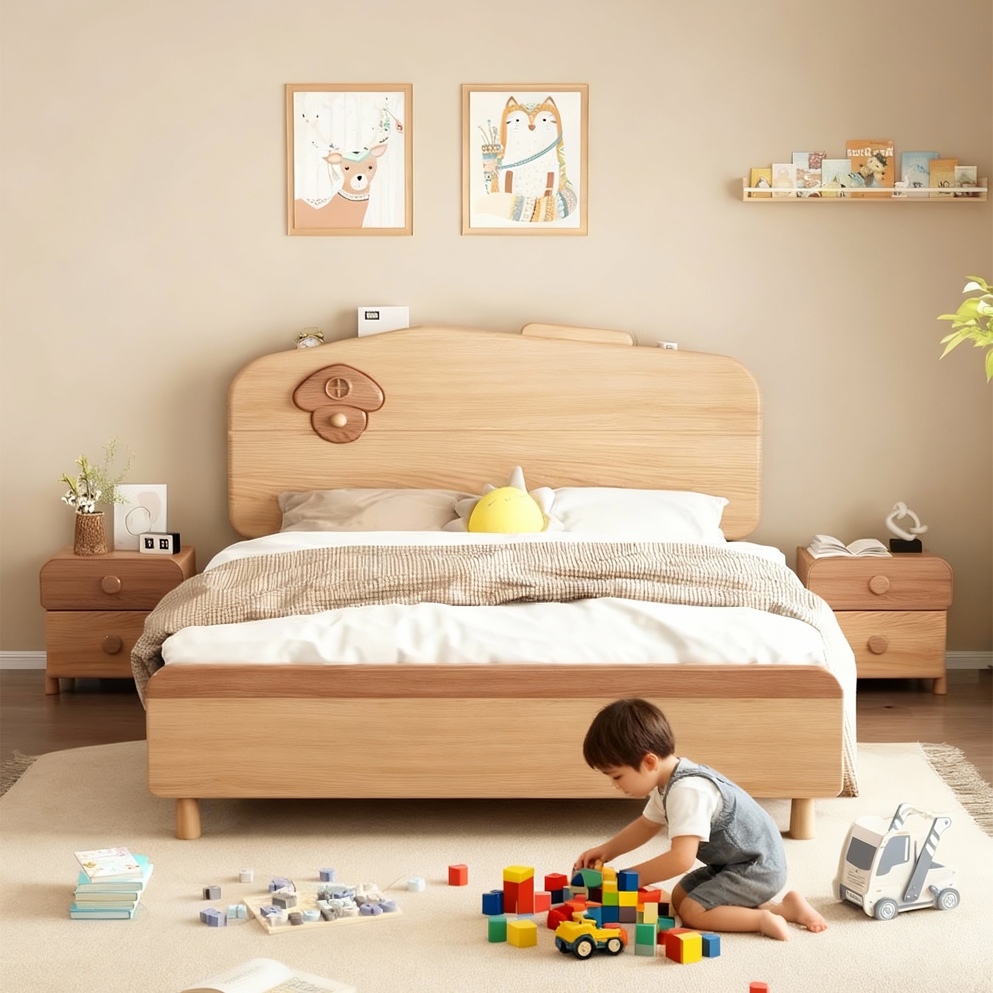 Solid Wood Bed 1.2m Kidsren's Bed Cartoon Teenager Bedroom Kidsren's Set Boy Girl Bed Princess Bed Red Oak