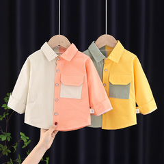 Boys' shirt, color-blocked, autumn new style, patchwork children's shirt, baby plaid top, fashionable long-sleeved trendy clothing for infants