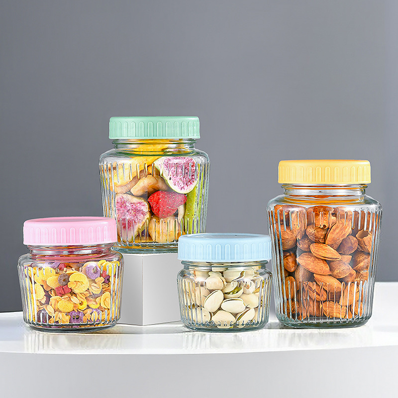 现货新竖纹燕窝玻璃瓶家用透明密封分装玻璃瓶带盖酱菜蜂蜜糖果罐