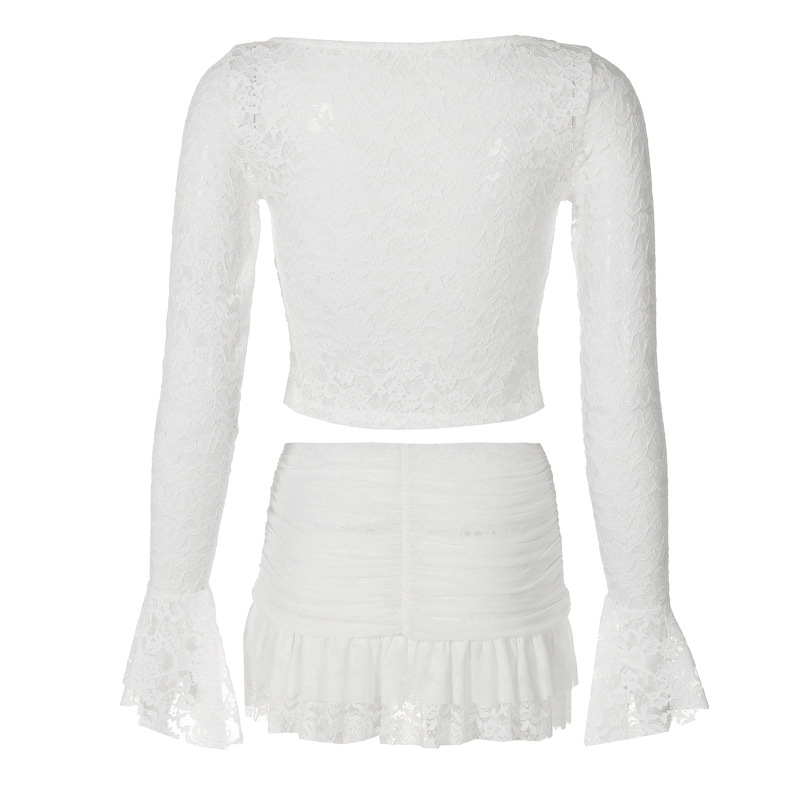 Autumn Sexy Low Cut Bell Sleeve Lace Cropped Top Pleated Skirt Two Piece Set 6 Autumn Sexy Low Cut Bell Sleeve Lace Cropped Top Pleated Skirt Two Piece Set